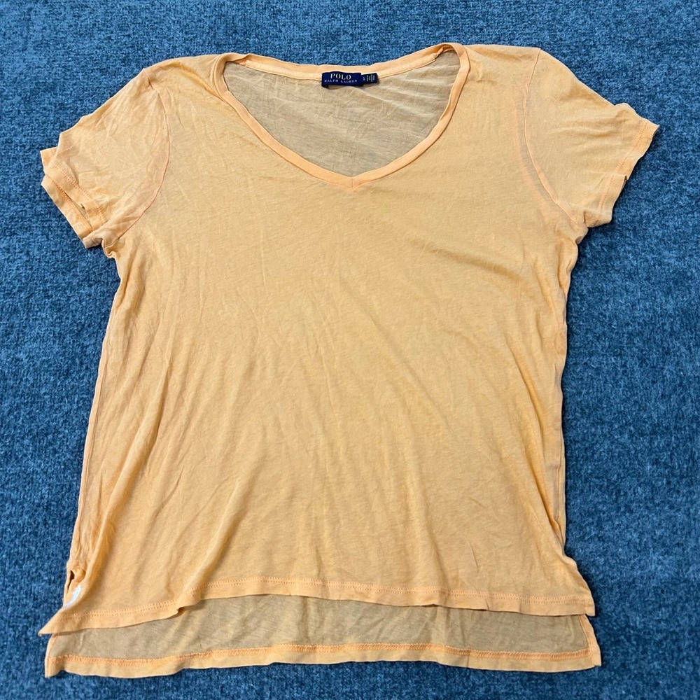 Polo Ralph Lauren Shirt Womens Large Orange V-Neck Slub Knit High-Low Hem Casual